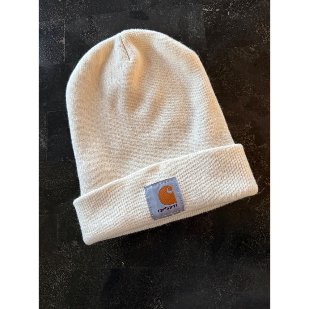 Carhartt Knit Cuffed Beanie Hat Cream Off-White Acrylic Watch Cap Logo Patch